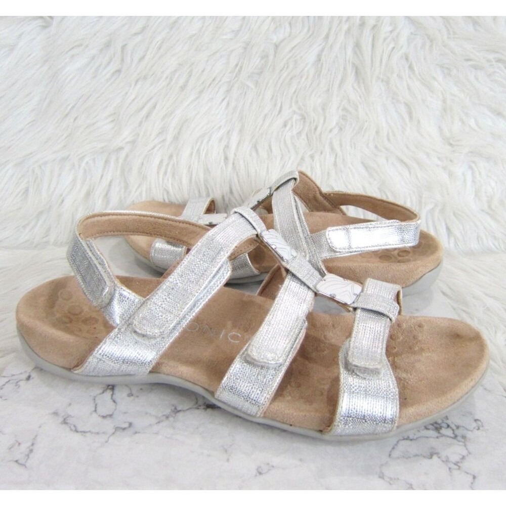 Vionic Amber Silver Metallic Strappy Sandals Size 10 ARCH SUPPORT 4 Strap EUC